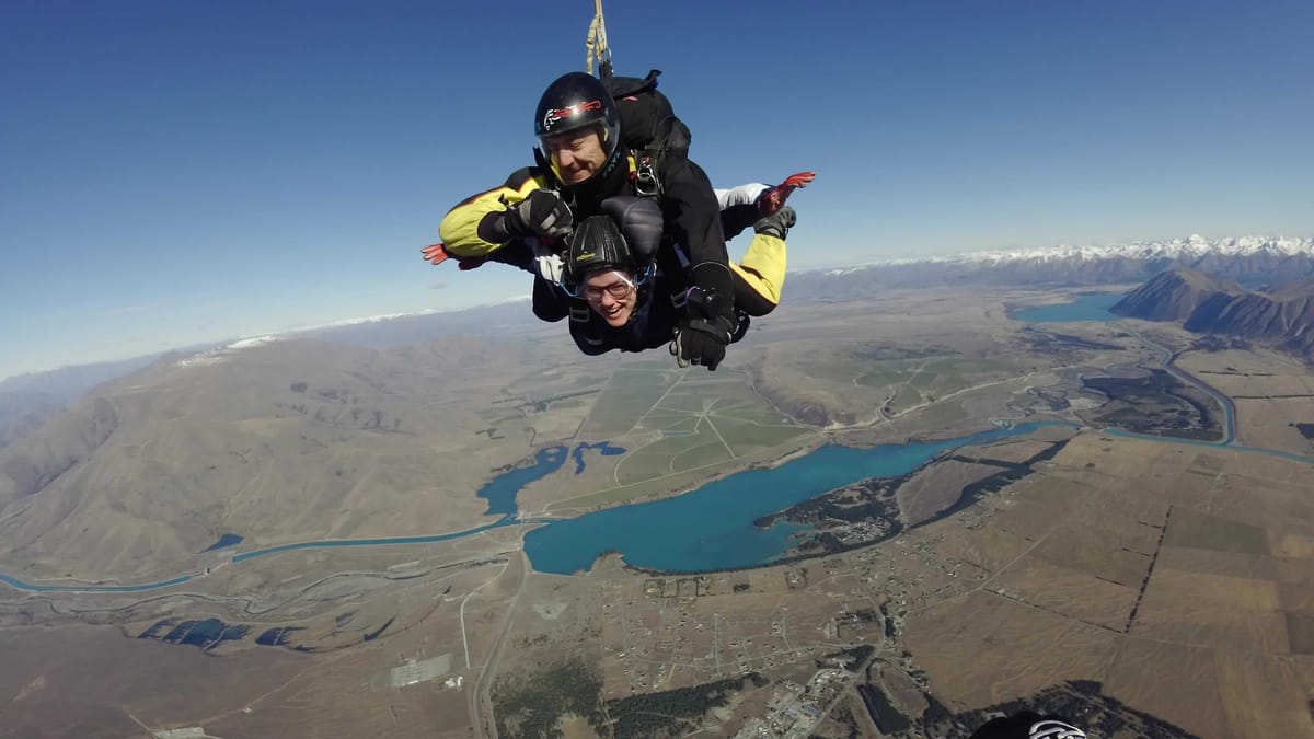 Laura skydiving over Tekapo